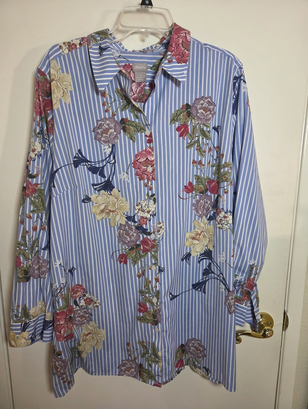 Chicos Blue & White Striped Floral Button Up Blouse 4 (2X) Cottagecore Comfy